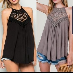 Black crochet lace detail top t1